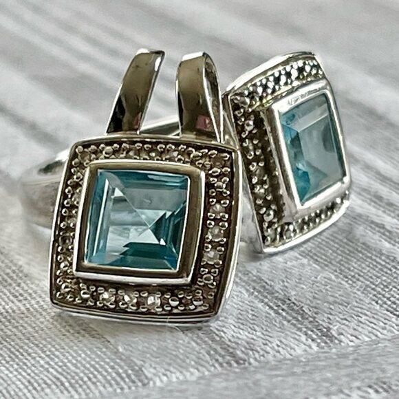 P*M .925 Sterling Silver Cushion Cut Blue Topaz Diamond Halo Ring Pendant Set - Picture 3 of 16